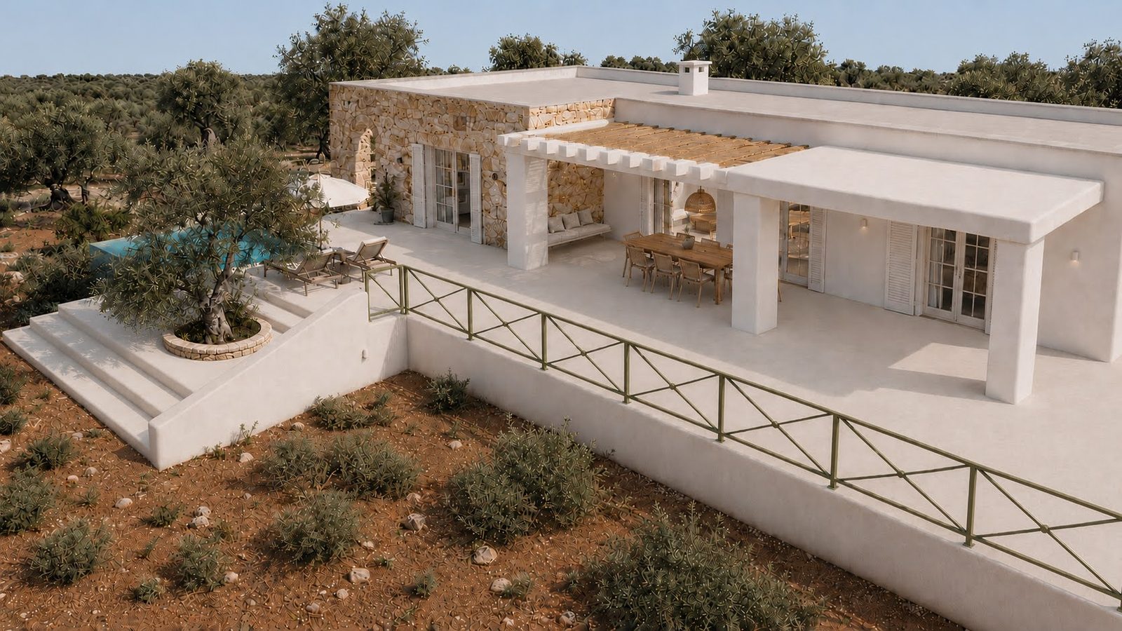 Het huis met veranda, terras en zwembad